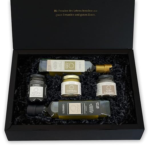 Lussiero Geschenkbox - Gemeinsam genießen - Geschenkset aus zwei Trüffelsaucen, Trüffelbutter, weißem Trüffelöl und Schwarzem Trüffelöl