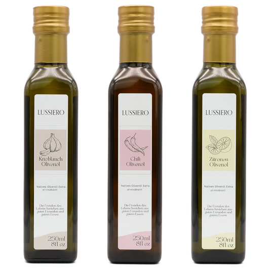 Lussiero Olivenöl Set 3x 250ml Natives Olivenöl Extra mit Zitrone, Knoblauch, Chili - Aromatisierte Gourmet Öle zum Verfeinern von Pasta, Salaten, Fleisch, Pizza und Gemüse Mediterrane Öl-Kombination