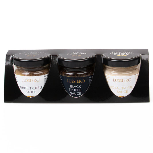 Lussiero Trüffel Geschenkset - Weisse Bianchetto Trüffelsauce, Schwarze Sommertrüffel Sauce und Royale Weisse Trüffel-Sauce