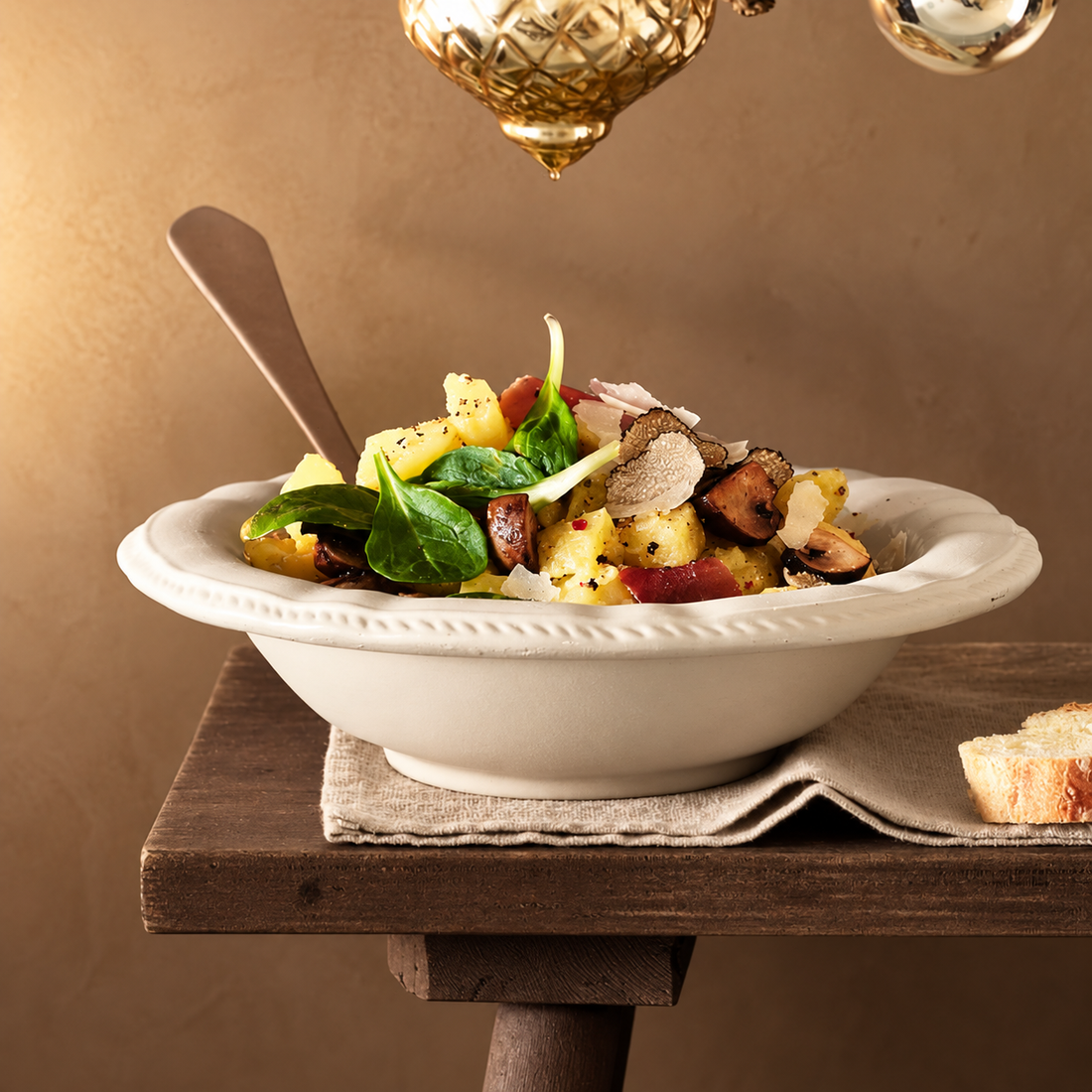 Kartoffel-Trüffelsalat mit Spinat, Pilzen und gehobelten Trüffelscheiben in einer weißen Schale auf einem Holztisch