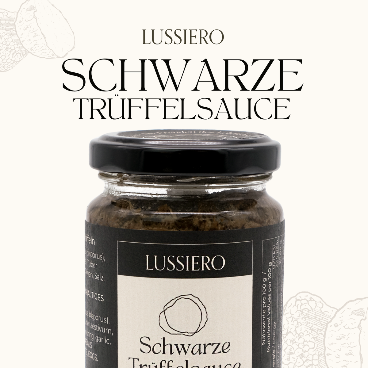 Schriftzug Schwarze Trüffelsauce neben dem Glas