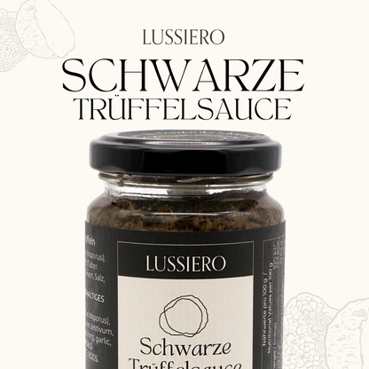 Schriftzug Schwarze Trüffelsauce neben dem Glas