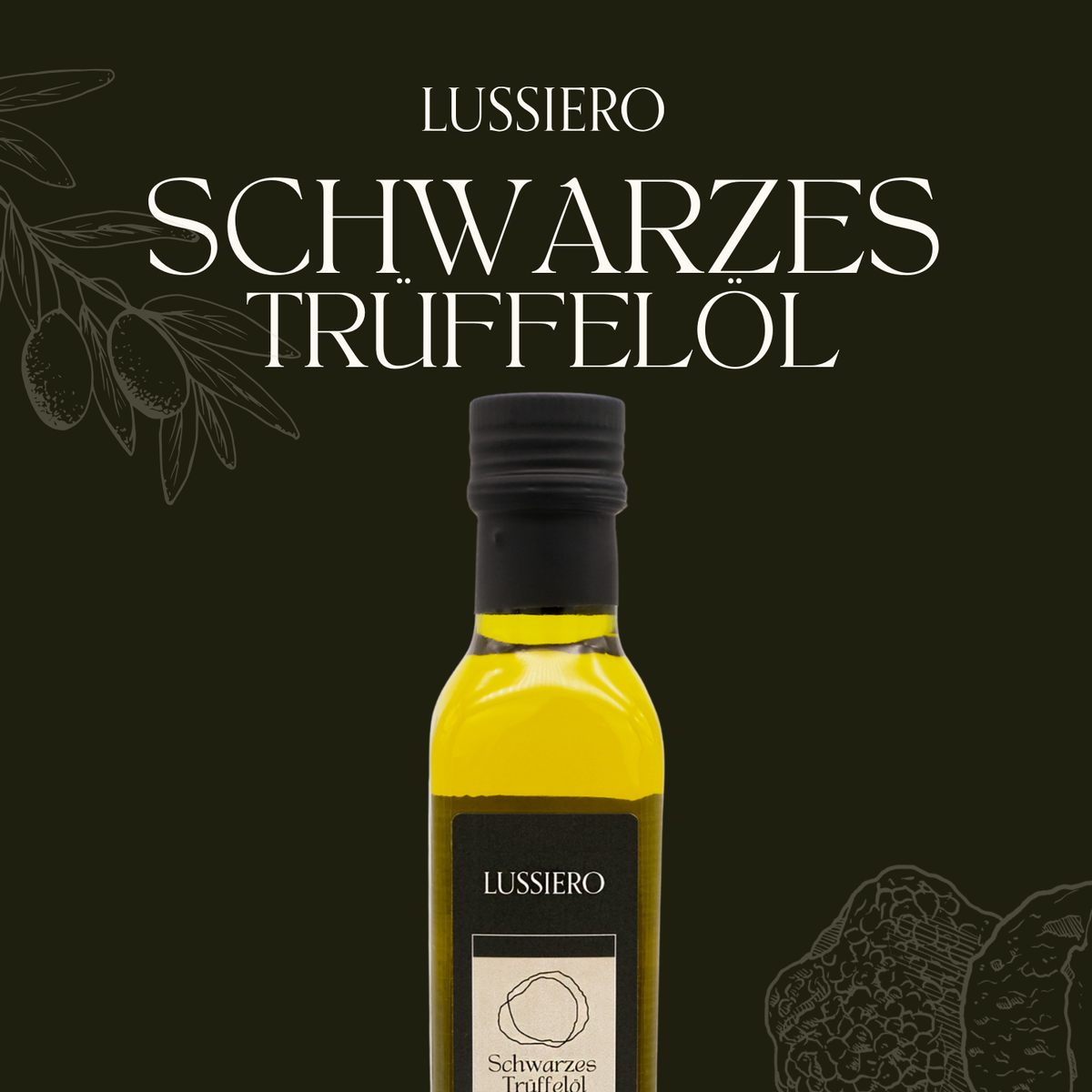 Schriftzug Schwarzes Trüffelöl mit Flasche