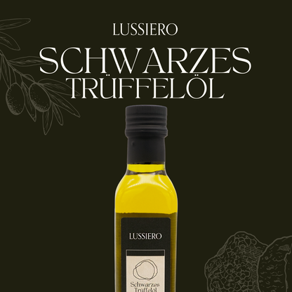 Schriftzug Schwarzes Trüffelöl mit Flasche