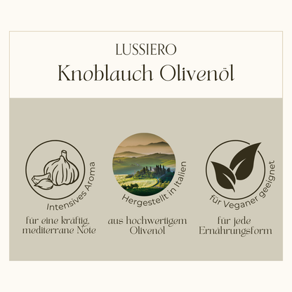 Lussiero Olivenöl Set 3x 250ml Natives Olivenöl Extra mit Zitrone, Knoblauch, Chili - Aromatisierte Gourmet Öle zum Verfeinern von Pasta, Salaten, Fleisch, Pizza und Gemüse Mediterrane Öl-Kombination