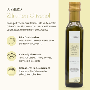 Lussiero Zitronen Olivenöl Natives Olivenöl Extra mit natürlichem Zitronen-Aroma Lemon Oil 250ml
