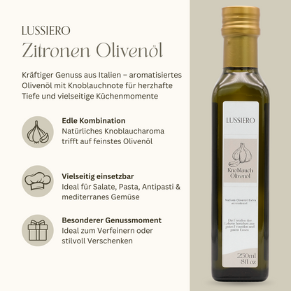 Lussiero Olivenöl Set 3x 250ml Natives Olivenöl Extra mit Zitrone, Knoblauch, Chili - Aromatisierte Gourmet Öle zum Verfeinern von Pasta, Salaten, Fleisch, Pizza und Gemüse Mediterrane Öl-Kombination