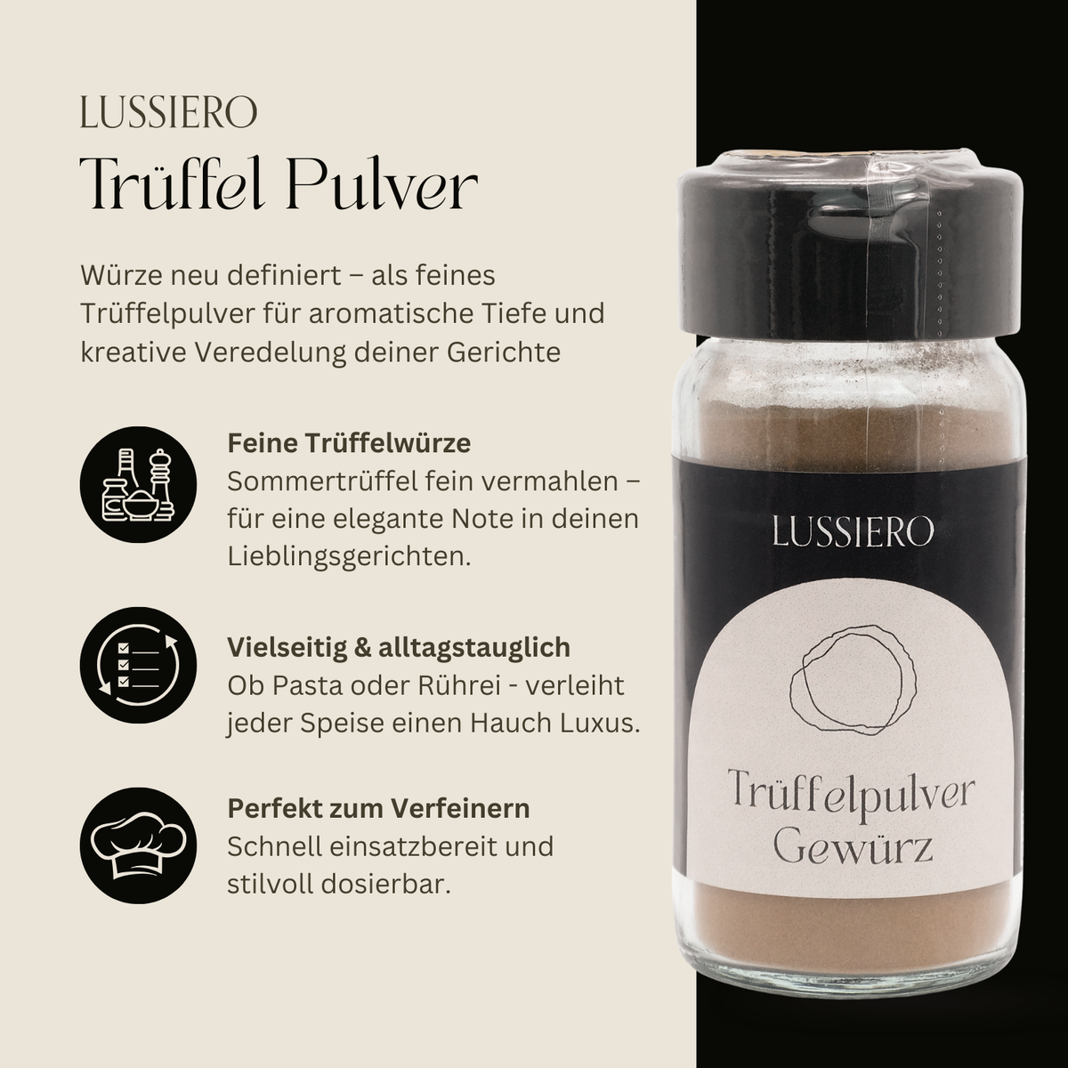 Produktinfo: feine Trüffelwürze, vielseitig und alltagstauglich