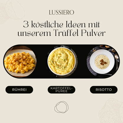 Drei Serviervorschläge: Rührei, Kartoffelpüree und Risotto