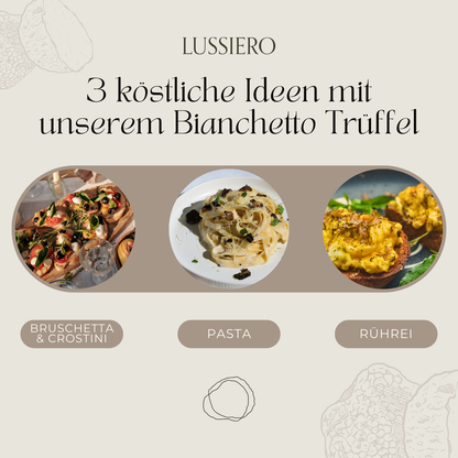 Drei Serviervorschläge: Bruschetta, Pasta und Rührei