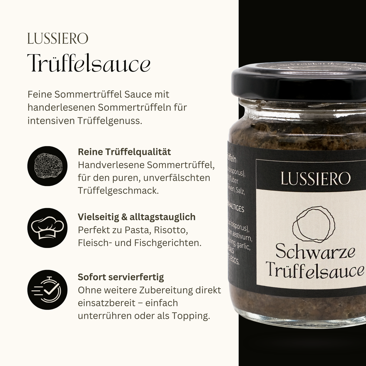 Produktinfo: feine Sommertrüffel-Sauce, vielseitig und sofort servierfertig