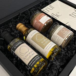 Lussiero Geschenkbox - Goldene Geschmacksreise - Geschenkset aus Trüffelbutter, weißer Trüffelsauce, weißem Trüffelöl und schwarzem Trüffel-Öl