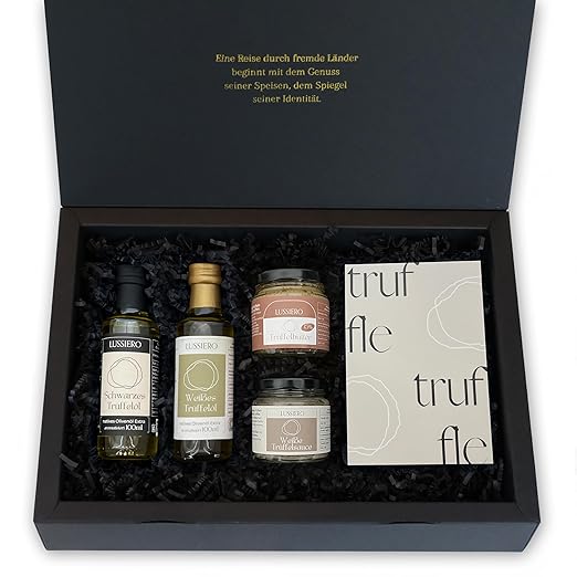 Lussiero Geschenkbox - Goldene Geschmacksreise - Geschenkset aus Trüffelbutter, weißer Trüffelsauce, weißem Trüffelöl und schwarzem Trüffel-Öl