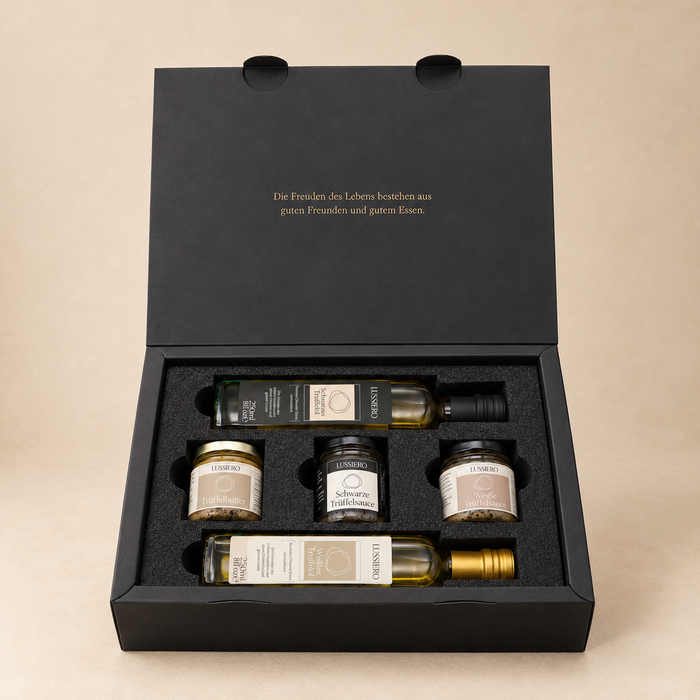 Lussiero Geschenkbox - Gemeinsam genießen - Geschenkset aus zwei Trüffelsaucen, Trüffelbutter, weißem Trüffelöl und Schwarzem Trüffelöl