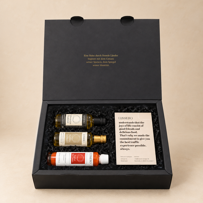 Lussiero Geschenkbox - Feinschmecker - Geschenkset aus weißem Trüffelöl (100ml), schwarzem Trüffelöl (100ml) und Trüffel Hot Sauce (100ml)