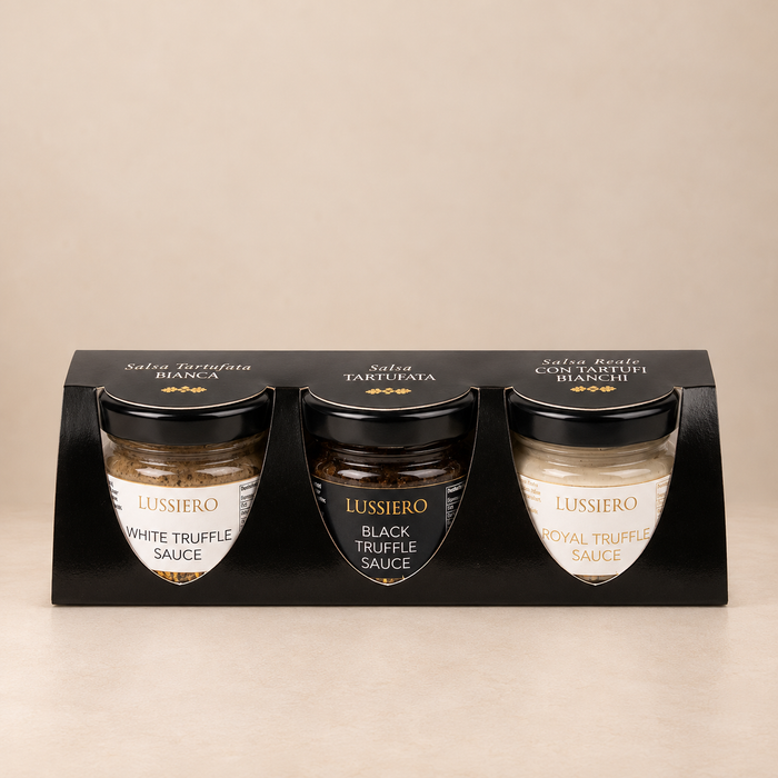 Trüffelsaucen-Set mit drei Gläsern in schwarzer Verpackung