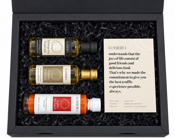 Lussiero Geschenkbox - Feinschmecker - Geschenkset aus weißem Trüffelöl (100ml), schwarzem Trüffelöl (100ml) und Trüffel Hot Sauce (100ml)