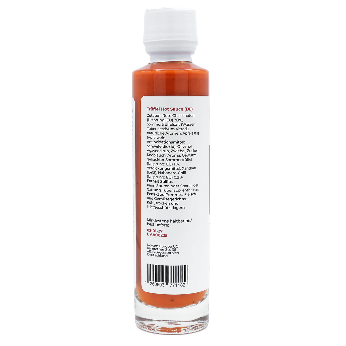 Rückseite der Flasche Trüffel Hot Sauce