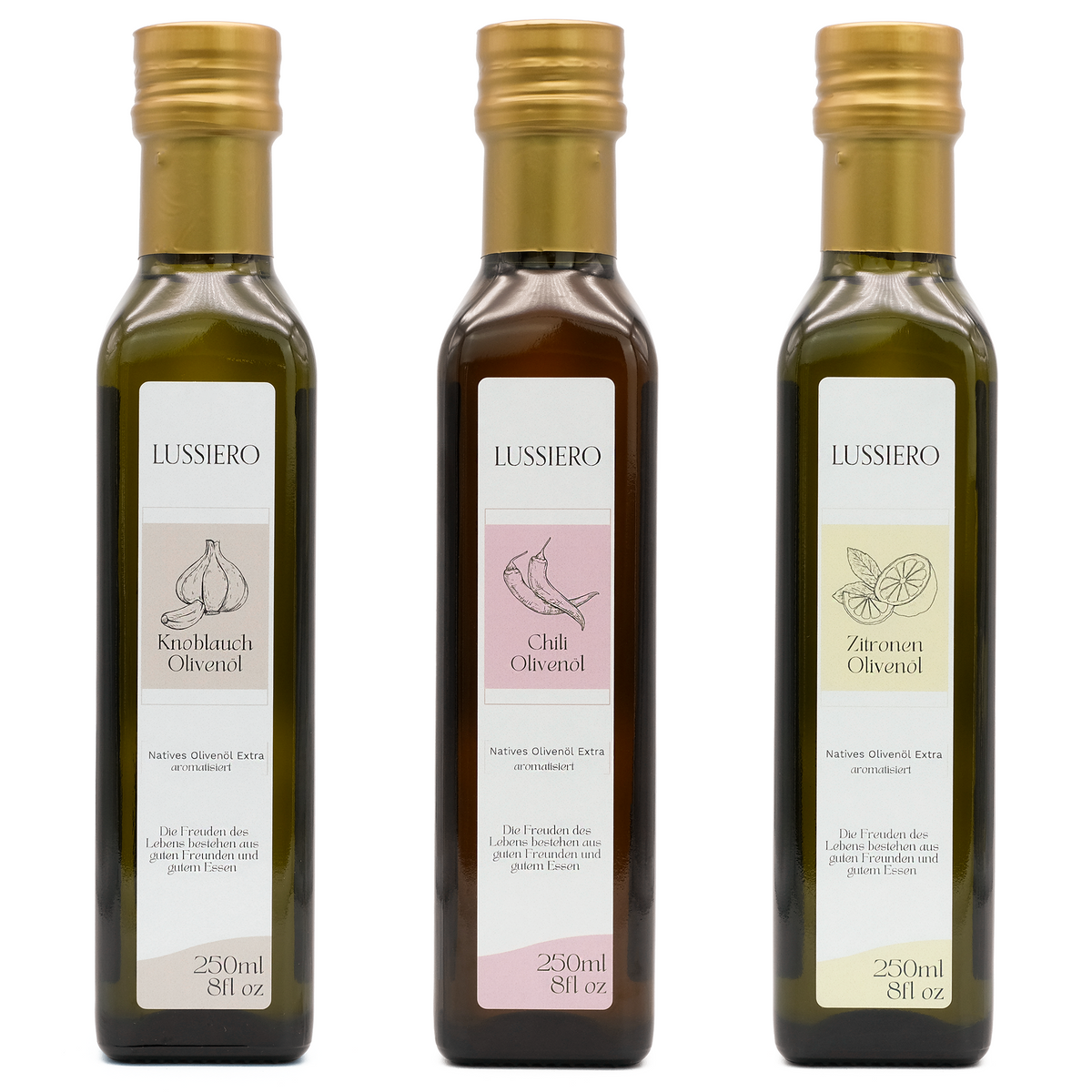 Lussiero Olivenöl Set 3x 250ml Natives Olivenöl Extra mit Zitrone, Knoblauch, Chili - Aromatisierte Gourmet Öle zum Verfeinern von Pasta, Salaten, Fleisch, Pizza und Gemüse Mediterrane Öl-Kombination