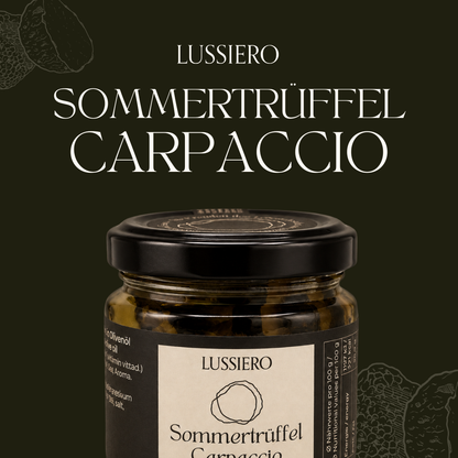 Schriftzug Sommertrüffel Carpaccio mit Glas