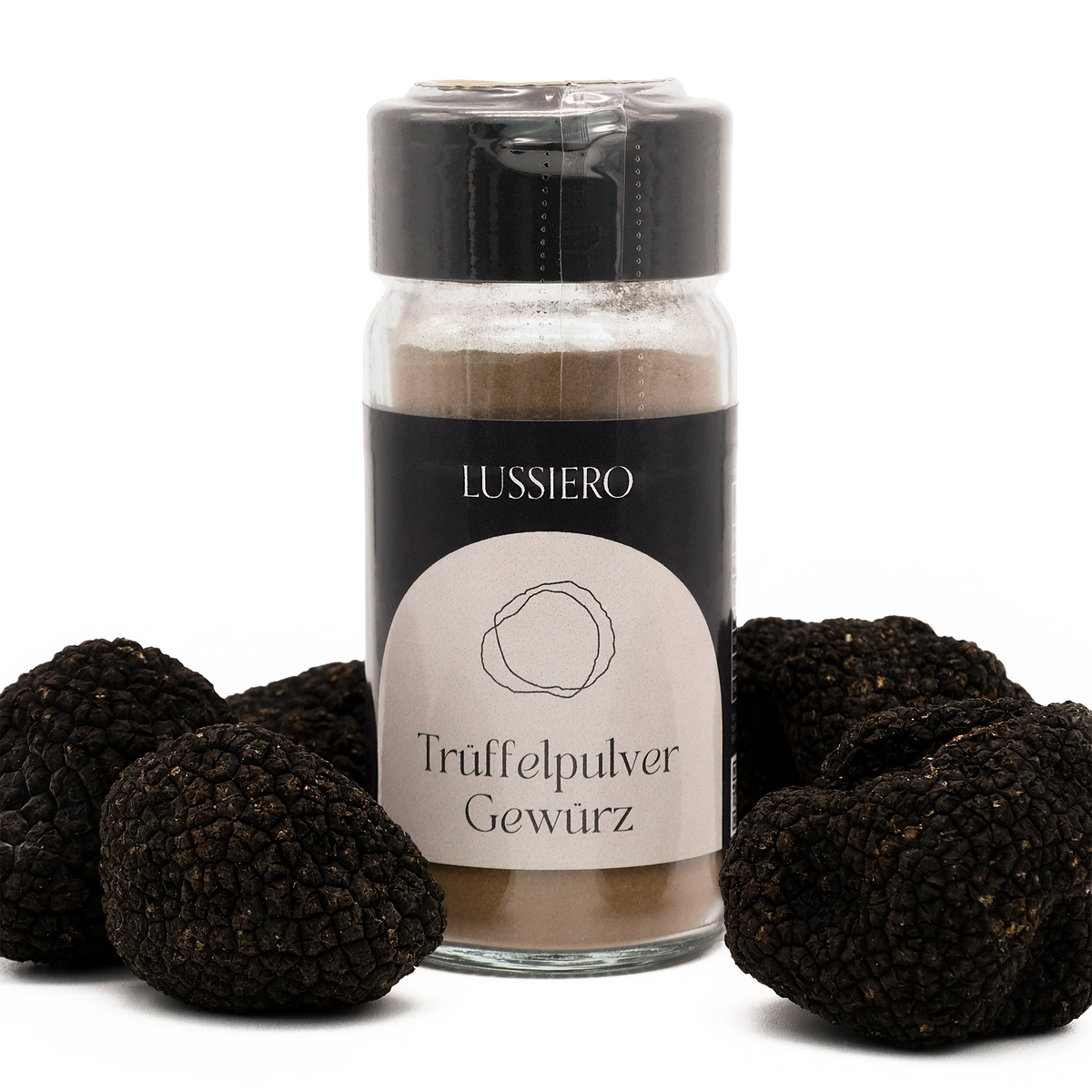 Streuer Lussiero Trüffelpulver, 50 g, zwischen schwarzen Trüffeln
