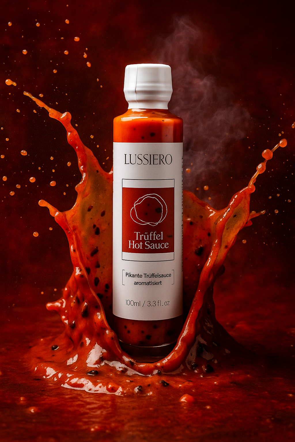 Flasche Trüffel Hot Sauce in spritzender Sauce