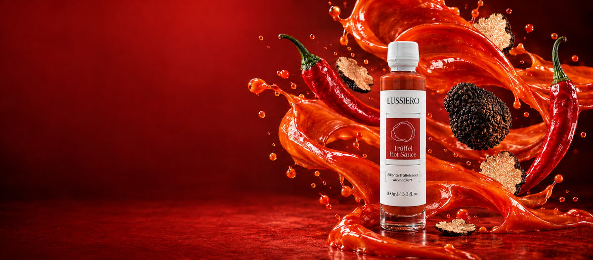 Lussiero Trüffel Hot Sauce vor einem Spritzer roter Sauce mit Chilischoten und schwarzen Trüffeln